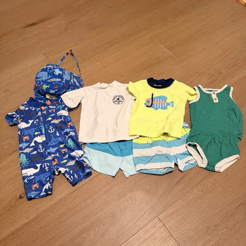 Baby Boy 0-6 Month Swim Suits One Piece Tank Top Hat Lot Bundle